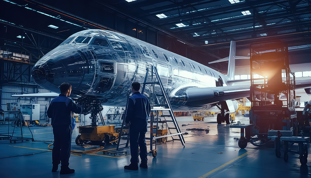 Two men working on plane.