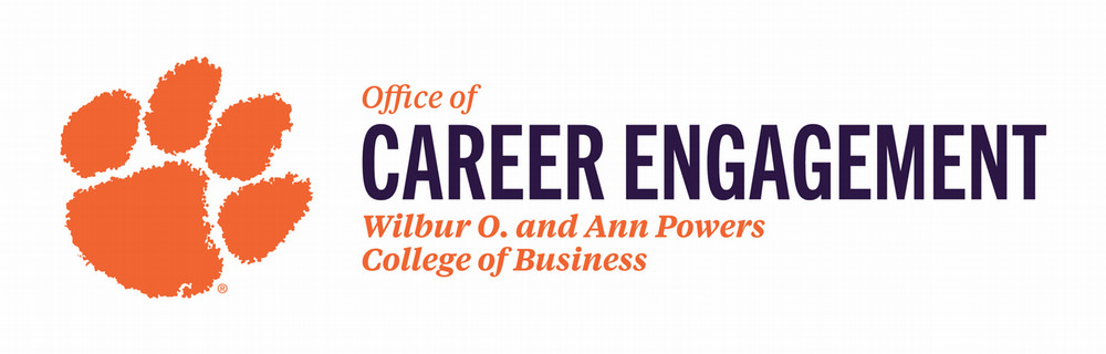 Clemson University Career Engagement logo featuring a paw print and the text "Office of Career Engagement" and "Wilbur O. and Ann Powers College of Business."