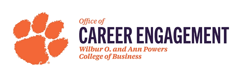 Clemson University Career Engagement logo featuring a paw print and the text "Office of Career Engagement" and "Wilbur O. and Ann Powers College of Business."