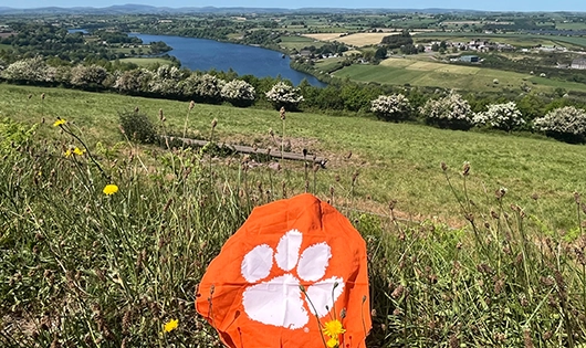 A Clemson Tiger Rag on a hillside of a small rural city.