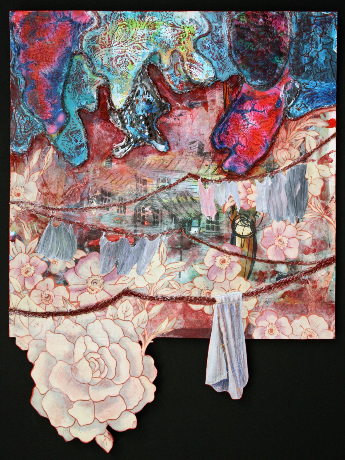 Jennifer Stoneking-Stewart | MFA 2007 | Heartfelt desires for what if (Sibyl) | Xerox toner, acrylic, mattemedium, relief, collage, gesso, yarn