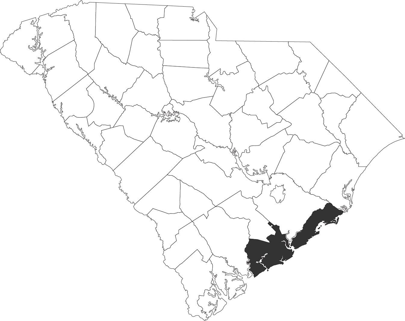 outlined map of south carolina with counties named and Charleston county filled in