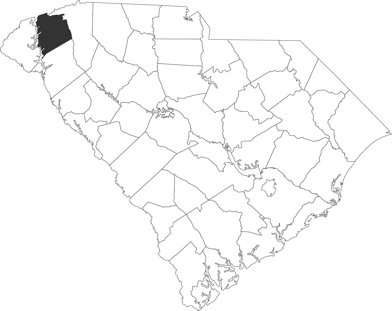 outlined south carolina map with pickens county filled black