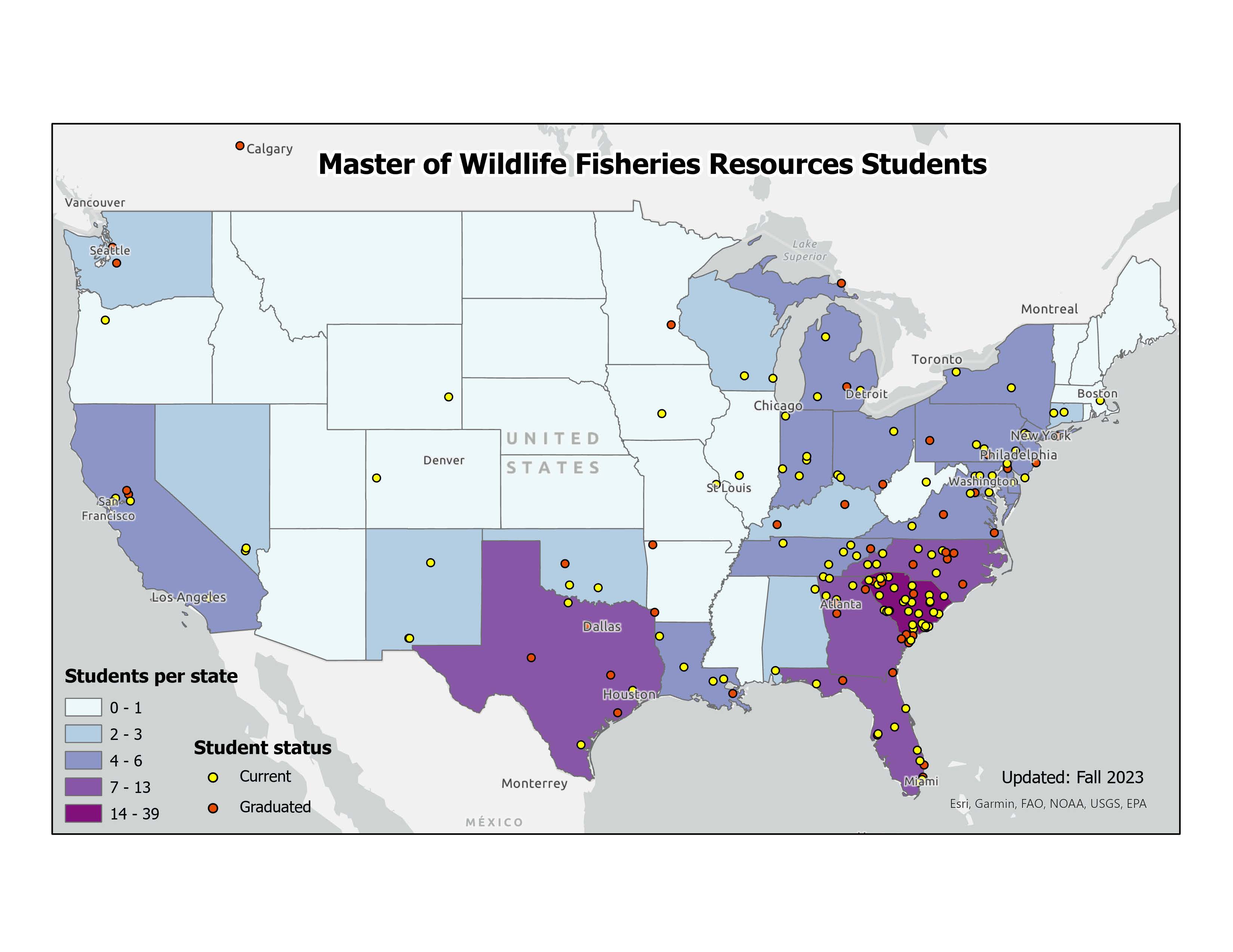 Location in Canada and the US of current and graduated Master of Wildlife and Fisheries Resources Students.