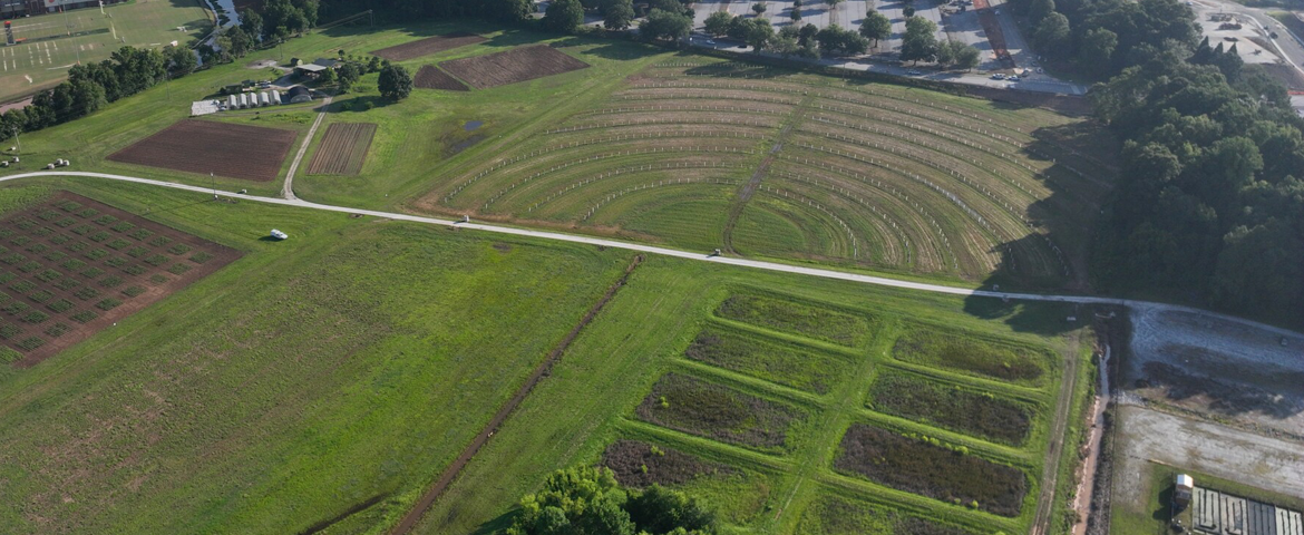 aerial view of agriculture fields at clemson university 