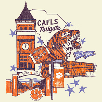 Illustration of Clemson campus landmarks and a roaring tiger with the text "CAFLS Tailgate" and "Clemson," in orange and purple.