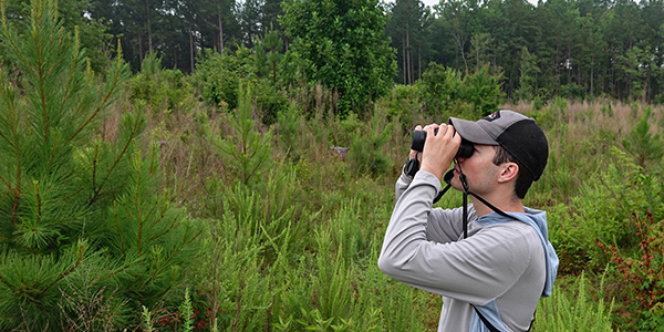 man looking through binoculars 