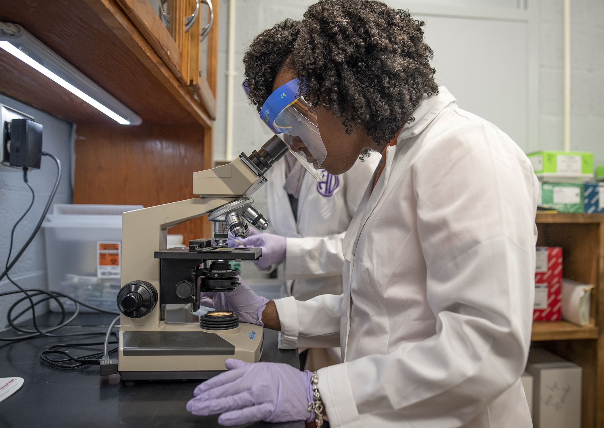 Amber Stone works with RNA samples in a lab in the Poole Agricultural Center building