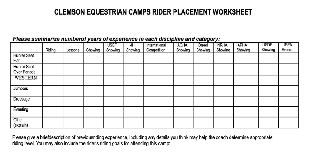 Sample Clemson Equestrian Camps Rider Placement Worksheet