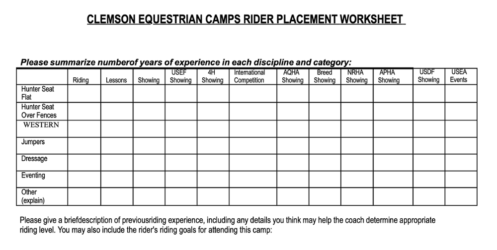 Sample Clemson Equestrian Camps Rider Placement Worksheet 