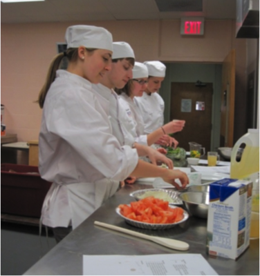 Students preparing food in the lab kitchen