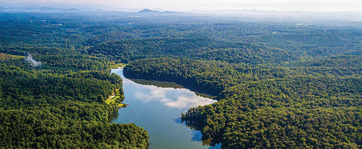 Aerial view of the lake and surrounding Clemson Experimental forest.