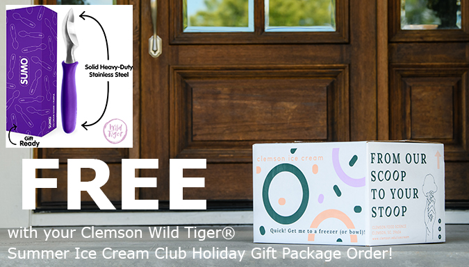 box of ice cream delivered on front step of a beautiful home. Ice cream scoop free with your clemson wild tiger summer ice cream club holiday gift package order