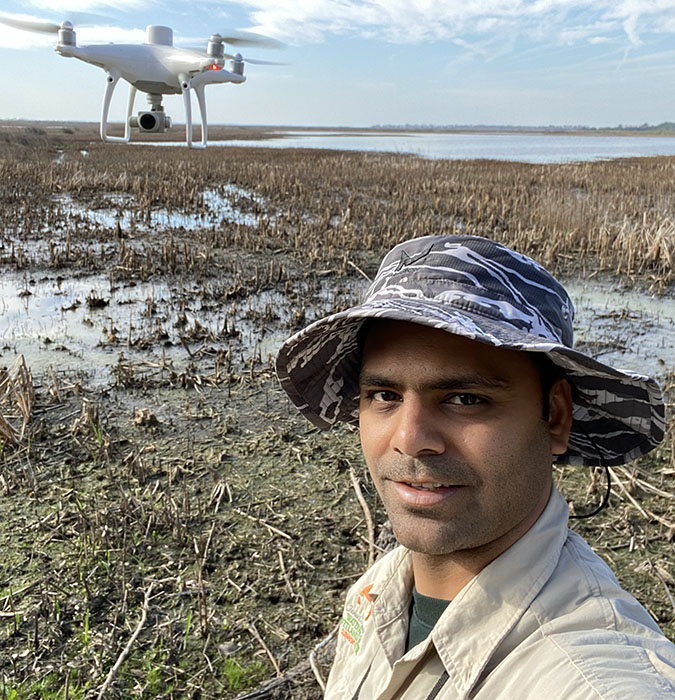 Drone being used by Akshit Suthar (Ph.D. student) to survey wetland impoundment