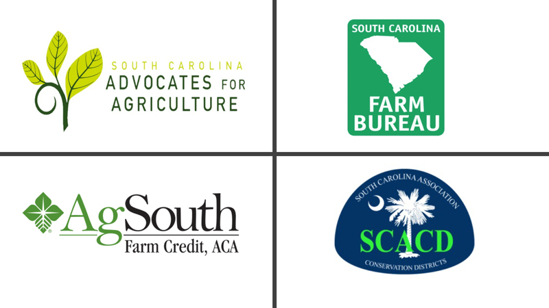 collection of logos from the 7 sponsors who financially support the south Carolina commissioner school for agriculture including Agsouth farm credit aca, South Carolina peanut board, South Carolina advocates for agriculture, South Carolina watermelon association, beef plus South Carolina beef council, South Carolina pork board, South Carolina Soybean board, South Carolina peach council, South Carolina farm bureau, South Carolina cotton board