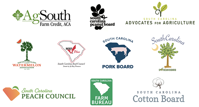 collection of logos from the 7 sponsors who financially support the south Carolina commissioner school for agriculture including Agsouth farm credit aca, South Carolina peanut board, South Carolina advocates for agriculture, South Carolina watermelon association, beef plus South Carolina beef council, South Carolina pork board, South Carolina Soybean board, South Carolina peach council, South Carolina farm bureau, South Carolina cotton board