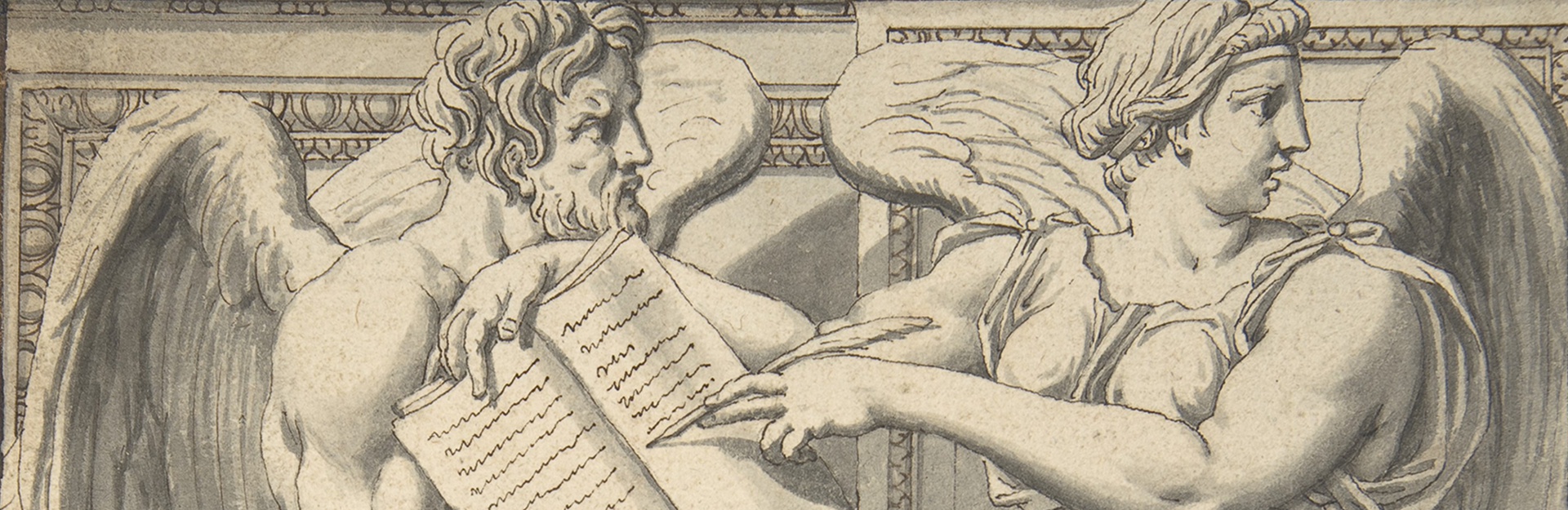 woodcut of angels writing history