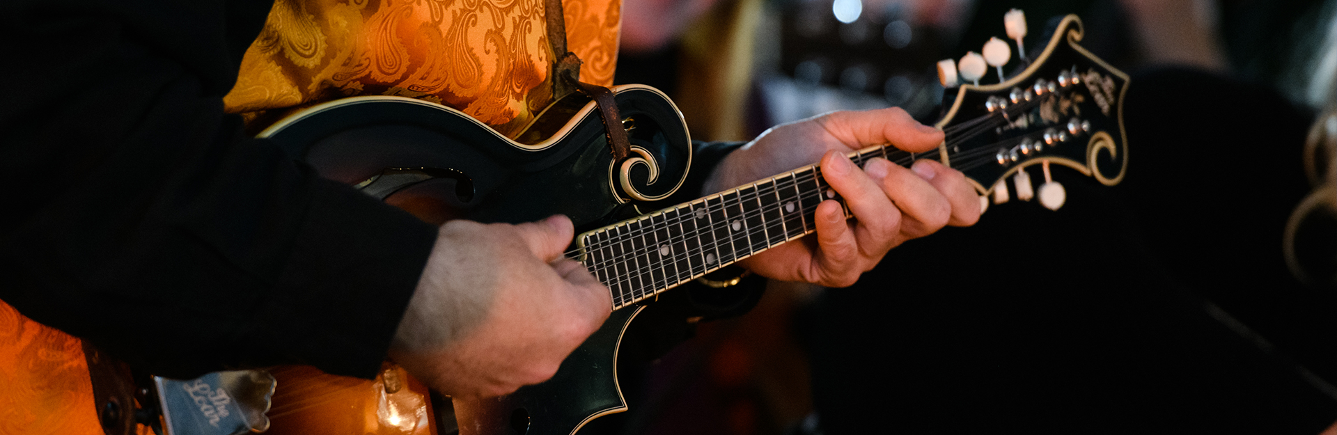 Close up of hands playing mandolin