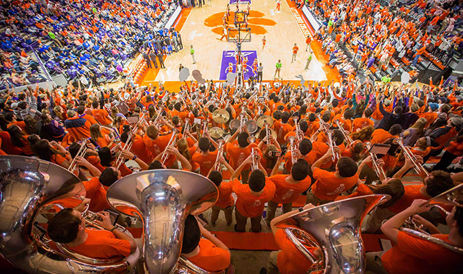 Pep band plays in basketball stadium