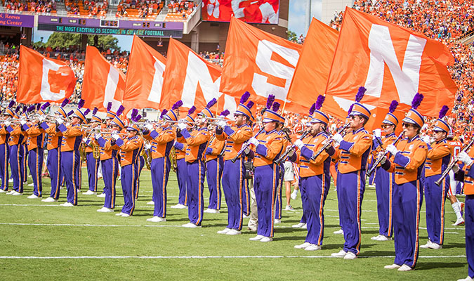 Tiger Band members hold flags on field