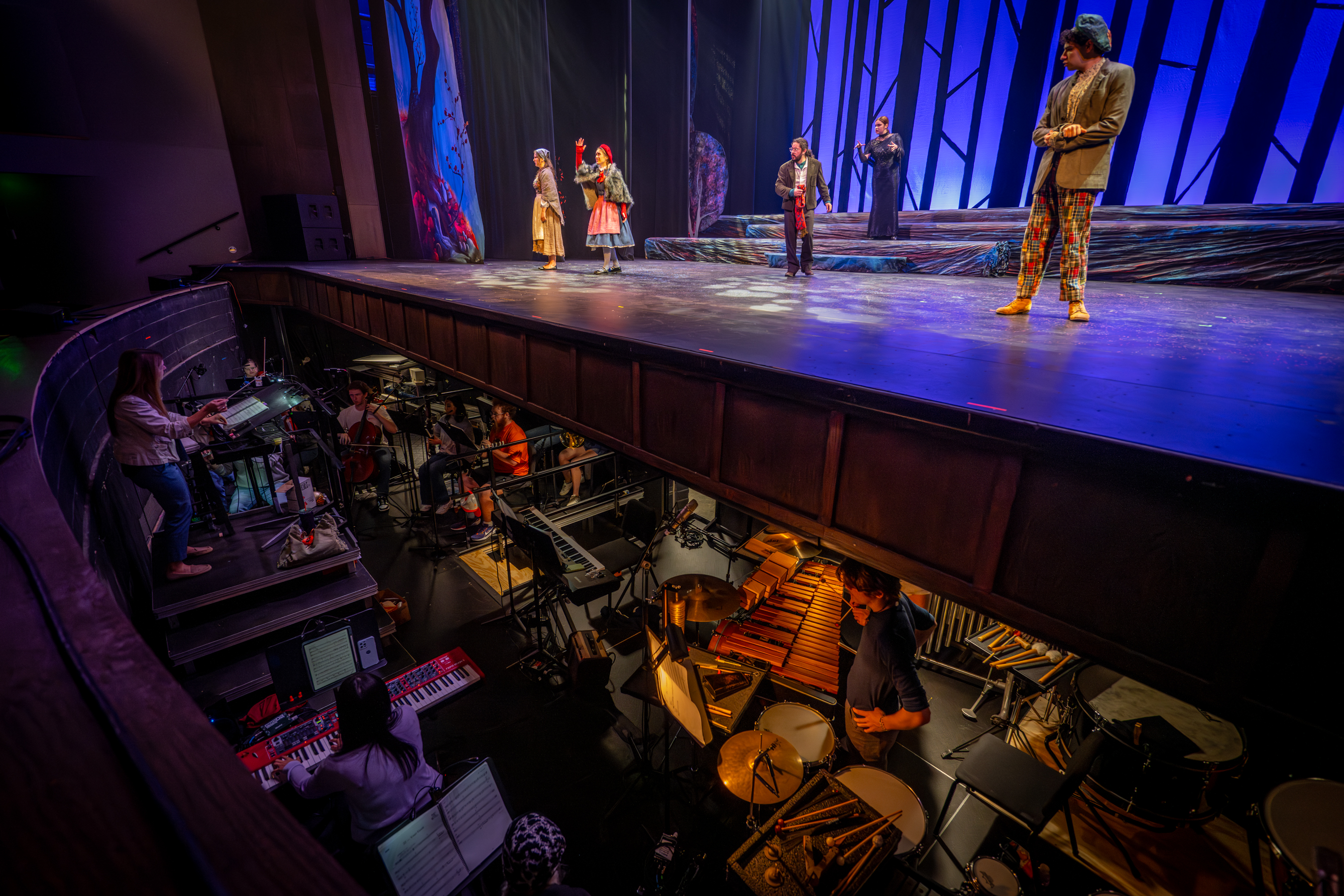 production photo from Into the Woods showcasing the pit orchestra as they play for actors on stage