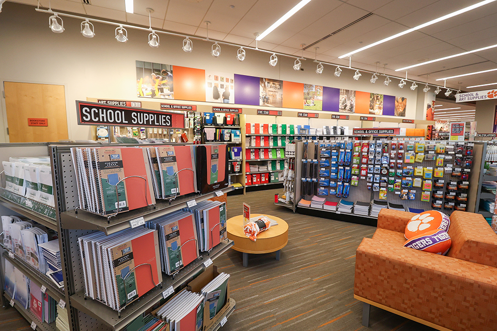 School supply displays, shelving, and seating in the bookstore