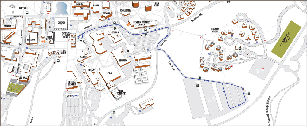 White, grey, orange and green aerial campus graphic highlights the Blue Route which travels from C-1/R-5 to Redfern and back.