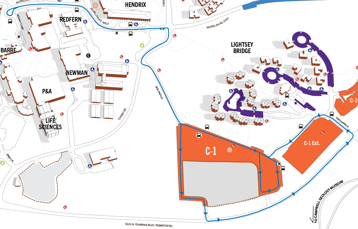 White, grey, orange and green aerial campus graphic highlights the Blue Route which travels from C-1/R-5 to Redfern and back.