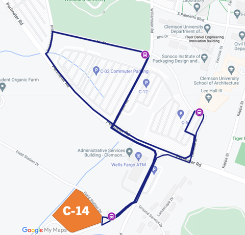 Map of C14 lot and bus route to Lee Hall