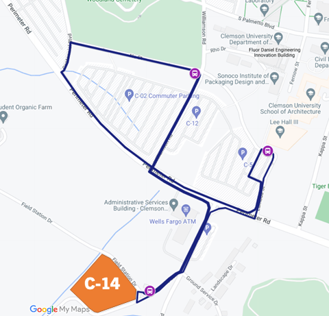 Map of bus stops in C-14 and transit route to Lee Hall