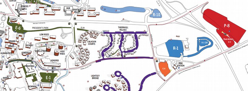 Map of East Park N Ride route from P5 to East Library Circle