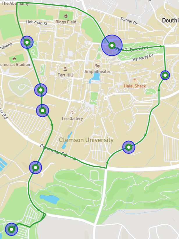 Green Route alignment going from Visitor Center near Madren, making a left on Old Stadium Rd, stopping at Facilities Ground entrance. Then turn right on Perimeter Rd, left on Cherry Rd, and stop at Godley Snell. Bus continues on Cherry Rd stopping at Bryan Circle bus stop. Bus then turns left on SC93, stopping at Powers Hall, before continuing and turning left on Williamson Rd. Bus will stop on Williamson Rd at Gate 5 of Memorial Stadium, Woodland Cemetery at South Palmetto Blvd, and the Williamson Rd bus stop at E-3 extension. The bus crosses Perimeter Road, stops at the entrance to the C-14 parking lot and continues back to the Visitor Center.