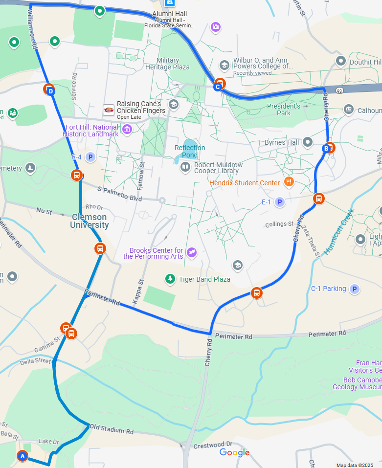 Green Route alignment going from Visitor Center near Madren, making a left on Old Stadium Rd, stopping at Facilities Ground entrance. Then turn right on Perimeter Rd, left on Cherry Rd, and stop at Godley Snell. Bus continues on Cherry Rd stopping at Bryan Circle bus stop. Bus then turns left on SC93, stopping at Powers Hall, before continuing and turning left on Williamson Rd. Bus will stop on Williamson Rd at Gate 5 of Memorial Stadium, Woodland Cemetery at South Palmetto Blvd, and the Williamson Rd bus stop at E-3 extension. The bus crosses Perimeter Road, stops at the entrance to the C-14 parking lot and continues back to the Visitor Center.