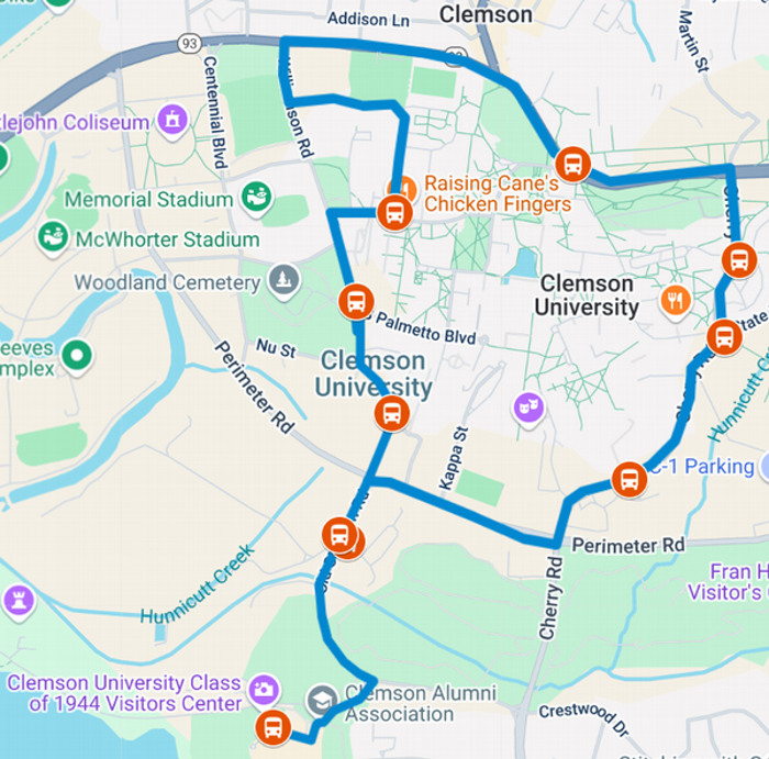 Green Route alignment going from Visitor Center near Madren, making a left on Old Stadium Rd, stopping at Facilities Ground entrance. Then turn right on Perimeter Rd, left on Cherry Rd, and stop at Godley Snell. Bus continues on Cherry Rd stopping at Bryan Circle bus stop. Bus then turns left on SC93, stopping at Powers Hall, before continuing and turning left on Williamson Rd. Bus will stop on Williamson Rd at Gate 5 of Memorial Stadium, Woodland Cemetery at South Palmetto Blvd, and the Williamson Rd bus stop at E-3 extension. The bus crosses Perimeter Road, stops at the entrance to the C-14 parking lot and continues back to the Visitor Center.