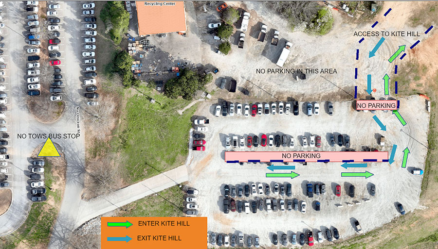 Enter Kite Hill through R-1 gravel lot and do not park in pedestrian walk zone or entrance to the hill. 