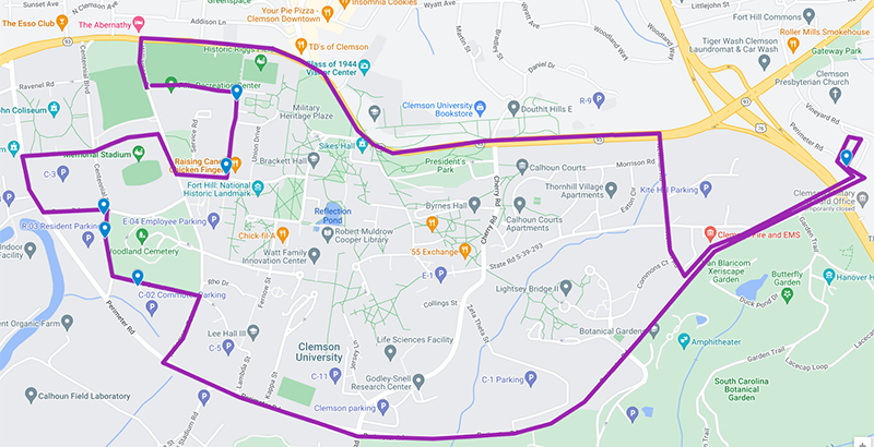 Google Maps view of circular route from Core Campus and Shoeboxes to R3 lot and Kite Hill.