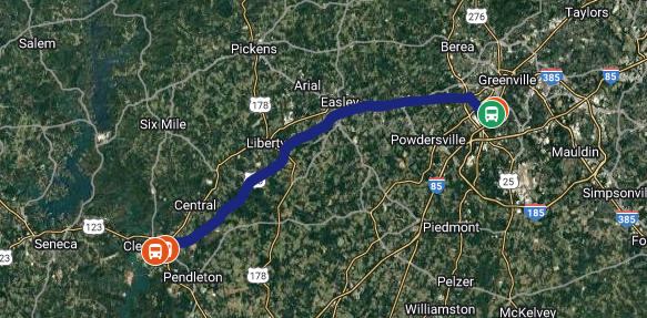 Google maps view of nursing route going from Cherry Road in Clemson to the P-8 lot and then to the Nursing building at Prisma Health campus in Greenville. 