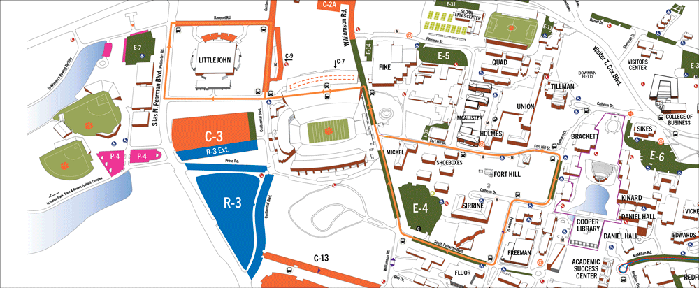 Aerial campus graphic highlights parking lots and the Orange Route which runs from C-3/R-3 to the academic core and back.