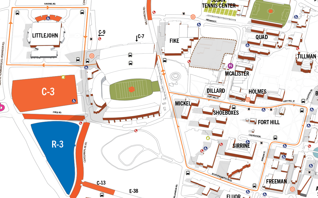 Aerial campus graphic highlights parking lots and the Orange Route which runs from C-3/R-3 to the academic core and back.