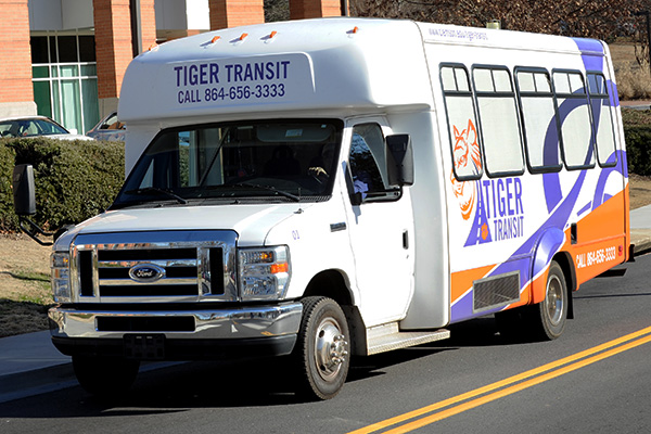 Tiger Transit shuttle in front of Hendrix student center.