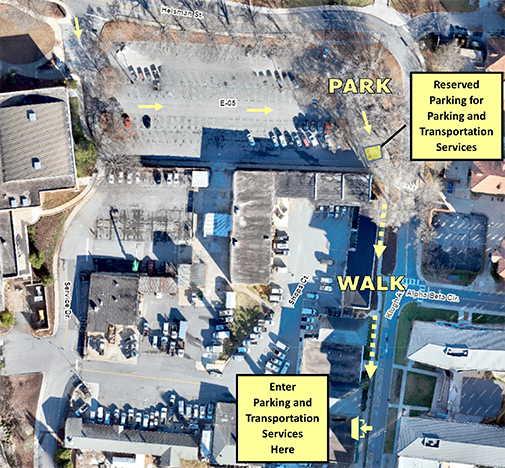Park in E-05Lot. Walk to PATS Office.