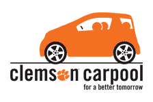 Orange car icon with 3 people inside. Underneath the icon written in black are the words 'Clemson carpool for a better tomorrow' with an orange tigerpaw in place of the o in Clemson. 