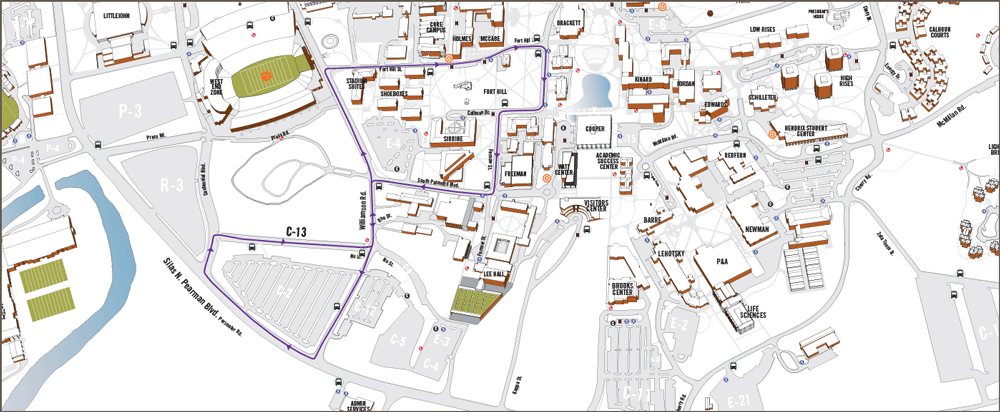 White, grey, orange and green aerial campus graphic highlights the Purple Route which travels from C-2 parking lot to Brackett.
