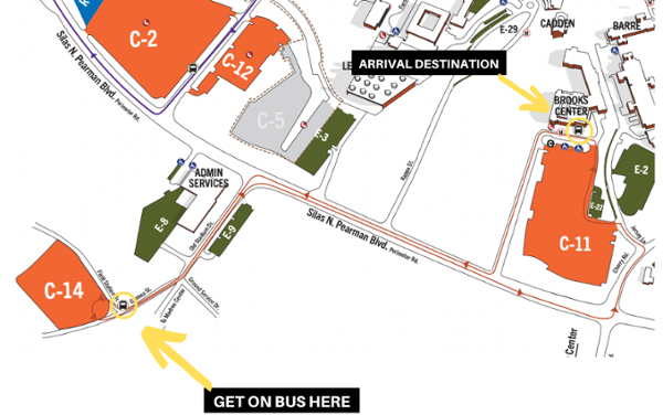 Map of C14 lot and bus route to Brooks Center