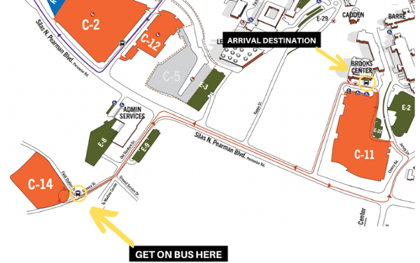 Map of bus stops in C-14 and transit route to Brooks Center 