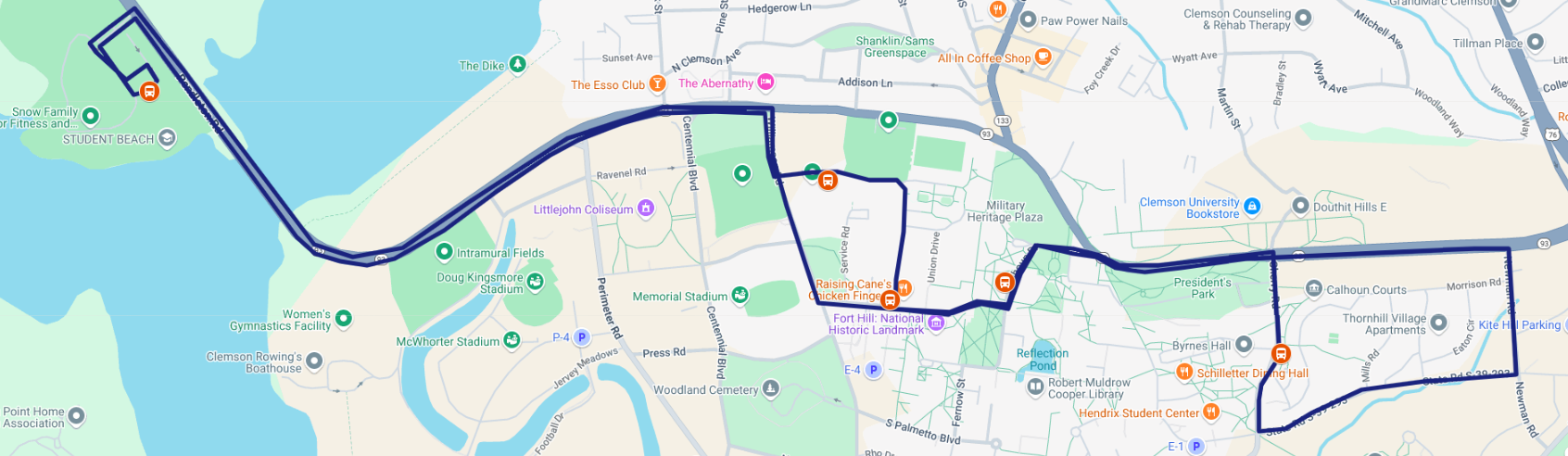 Summer Snow Route operating from Cherry Rd at Bryan Circle to Brackett Hall on Calhoun Drive, down Fort Hill Street, right onto Williamson Rd and out to the Snow Family Outdoor Wellness Center.
