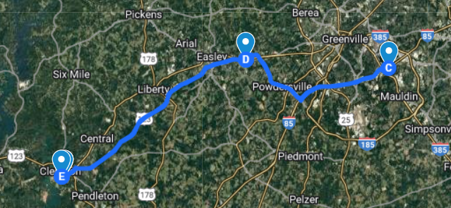 Google maps view starting in front of the Academic Success Center to 142 Rolling Hills Circle in Easley and ending at the CU-ICAR building in Greenville.