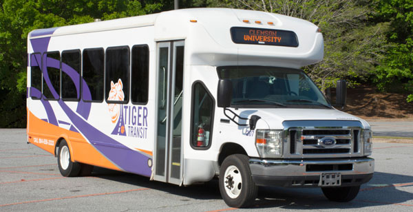 image of shuttle bus with tiger transit decal along the sides