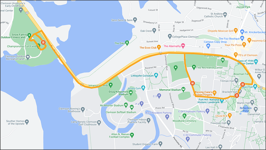 Map of West Park-N-Ride Route displayed in orange which travels from Snow Family Outdoor Fitness and Wellness Complex to Sikes Hall, around to Fike and back. 