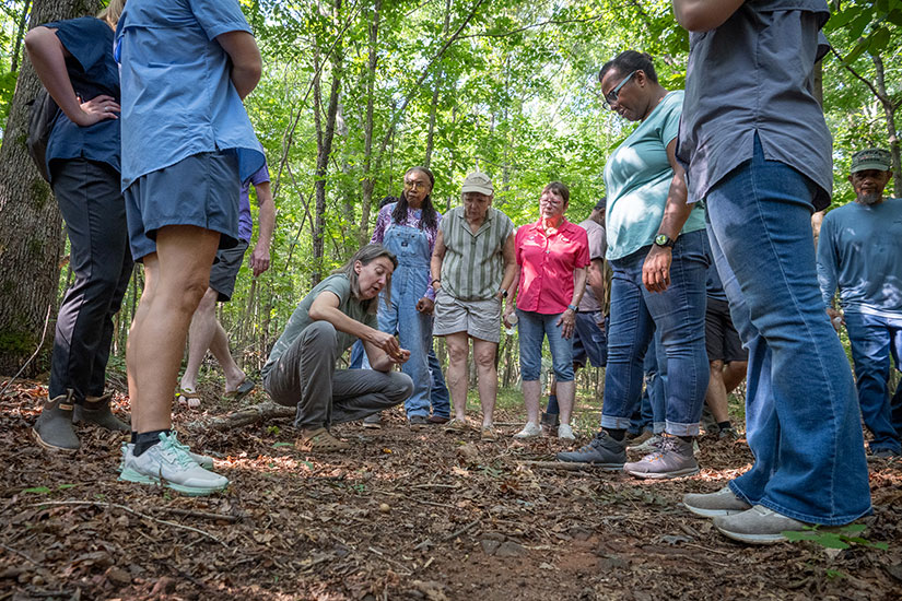A group is listening to a talk while hiking in the woods.